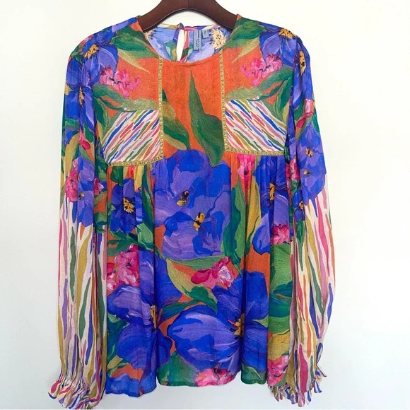 Bl^nk London Anthropologie Miranda Peasant Blouse S Balloon Sleeve Multicolor - Picture 3 of 9